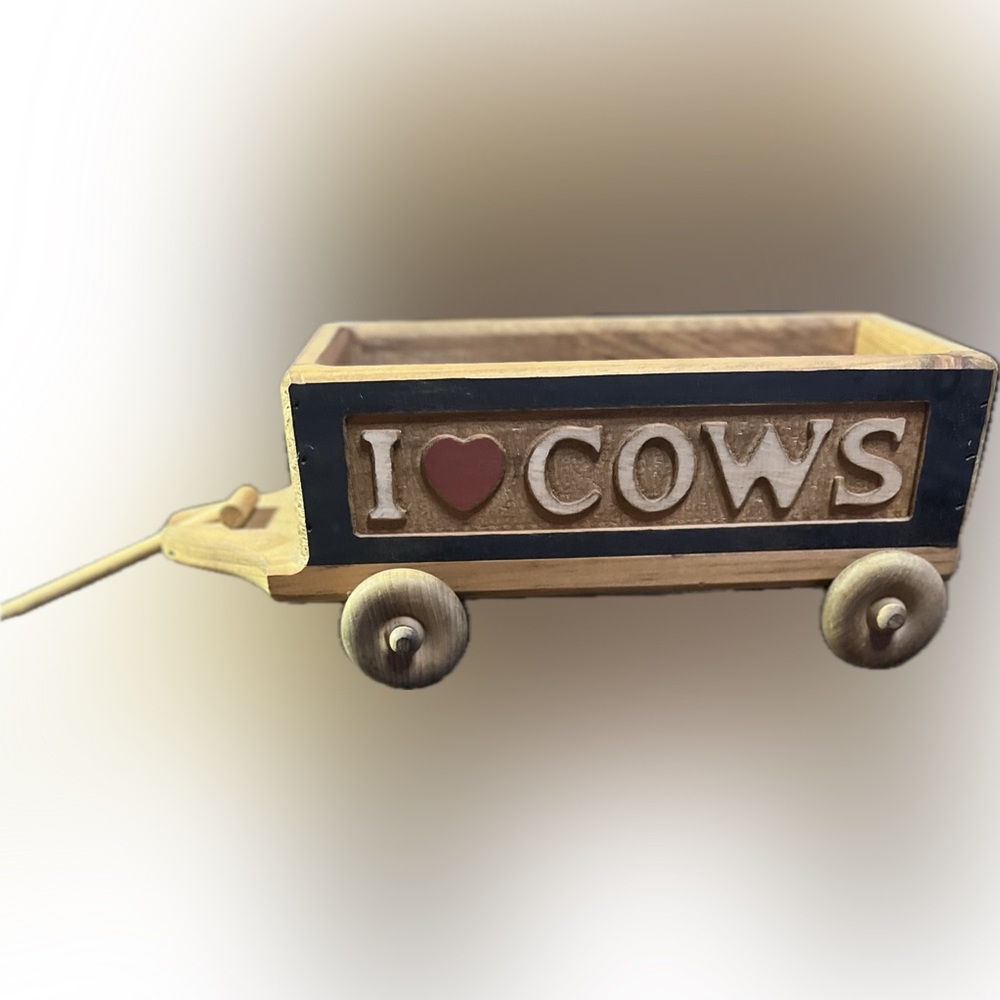 Rustic Wooden Wagon Planter Box “I Heart Cows” Handcrafted Country Decor 15x6x6"